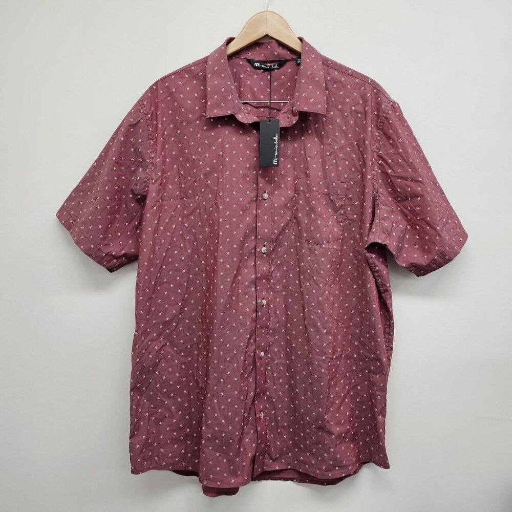 TRAVIS MATHEW Shirt XXL NOT YOUR BEST Short Sleeve Button Up Heather Ruby NEW